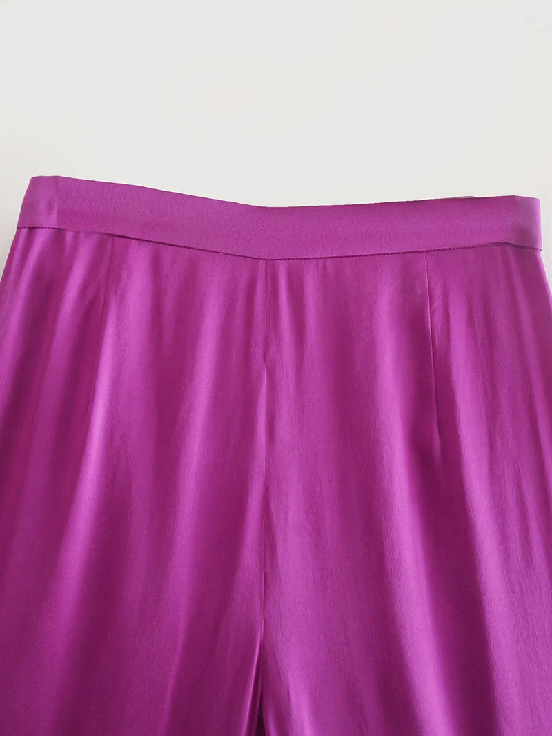 

Purple Loose Satin Pants Thin Summer Side Zipper High Waist Women Casual Trousers Folds Detail Female Wide Leg Pant