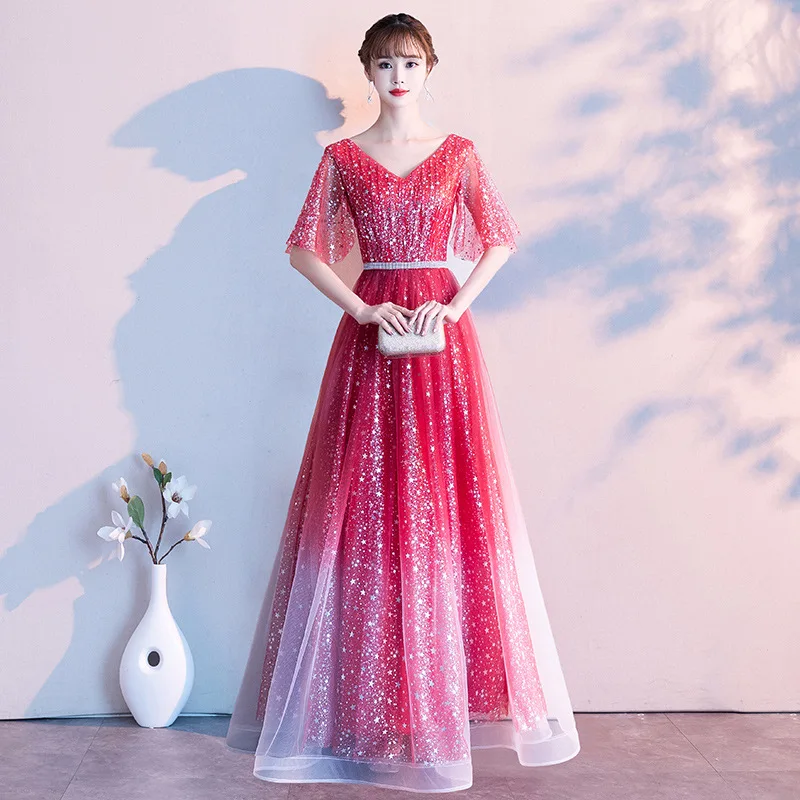 

Sequins Fashion Full Length Oriental Party Female Cheongsam Stage Show Qipao Dress Elegant Celebrity Banquet Dresses De Festa