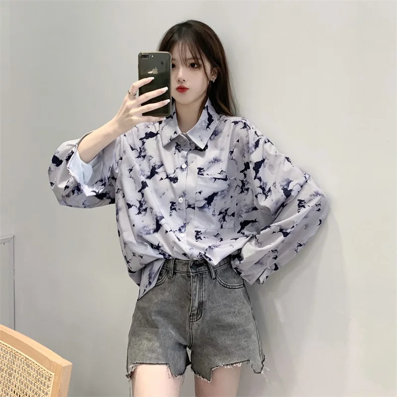 

Lesavir Spring Summer Wild Super Fairy Loose High Waist Slimming Long Mesh Skirt Loose Shirt Ladies Top Button Up Collar Shirt
