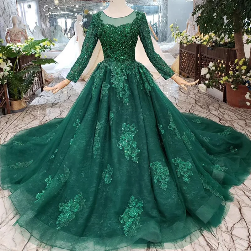 

HTL257 Blue Cheap Evening Dresses 2020 With Train O-Neck Long Sleeves A-Line Ladies Party Custom Size