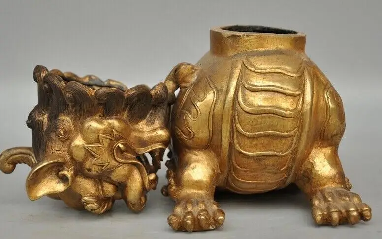 7 &quotКитайский фэн шуй Бронзовая позолоченная Статуя Льва собака фу собаки