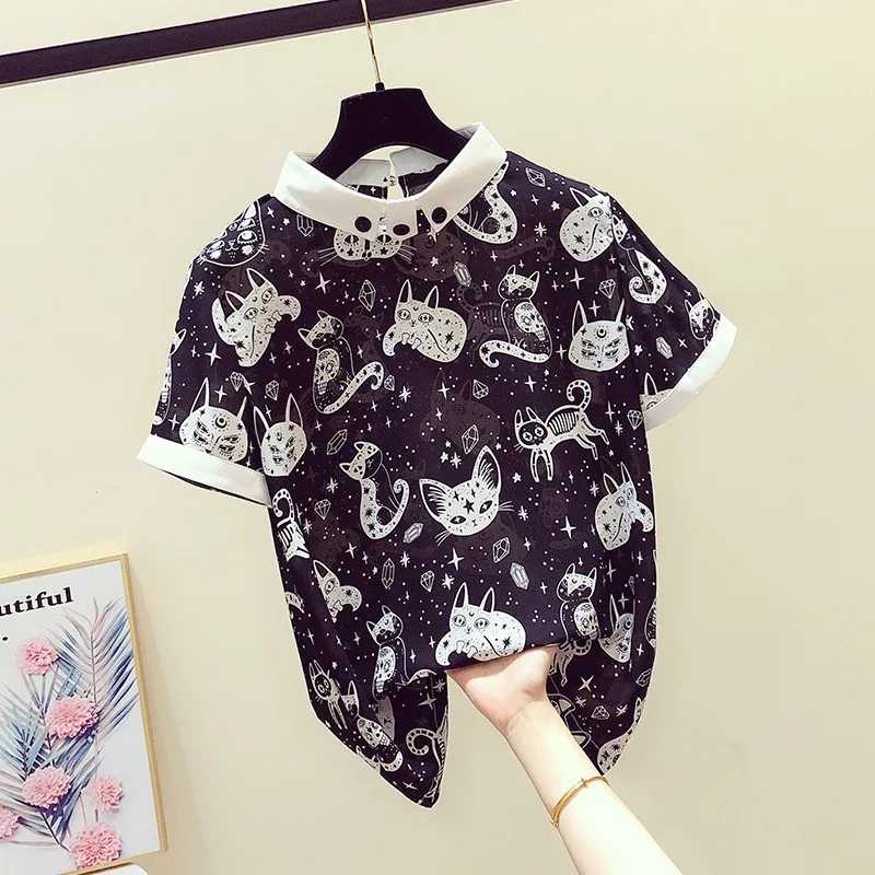 Для женщин Harajuku футболка с длинным рукавом лето элегантное платье с круглым воротником и рисунком кошки короткий рукав Футболка Повседневное футболка Kawaii верхняя одежда