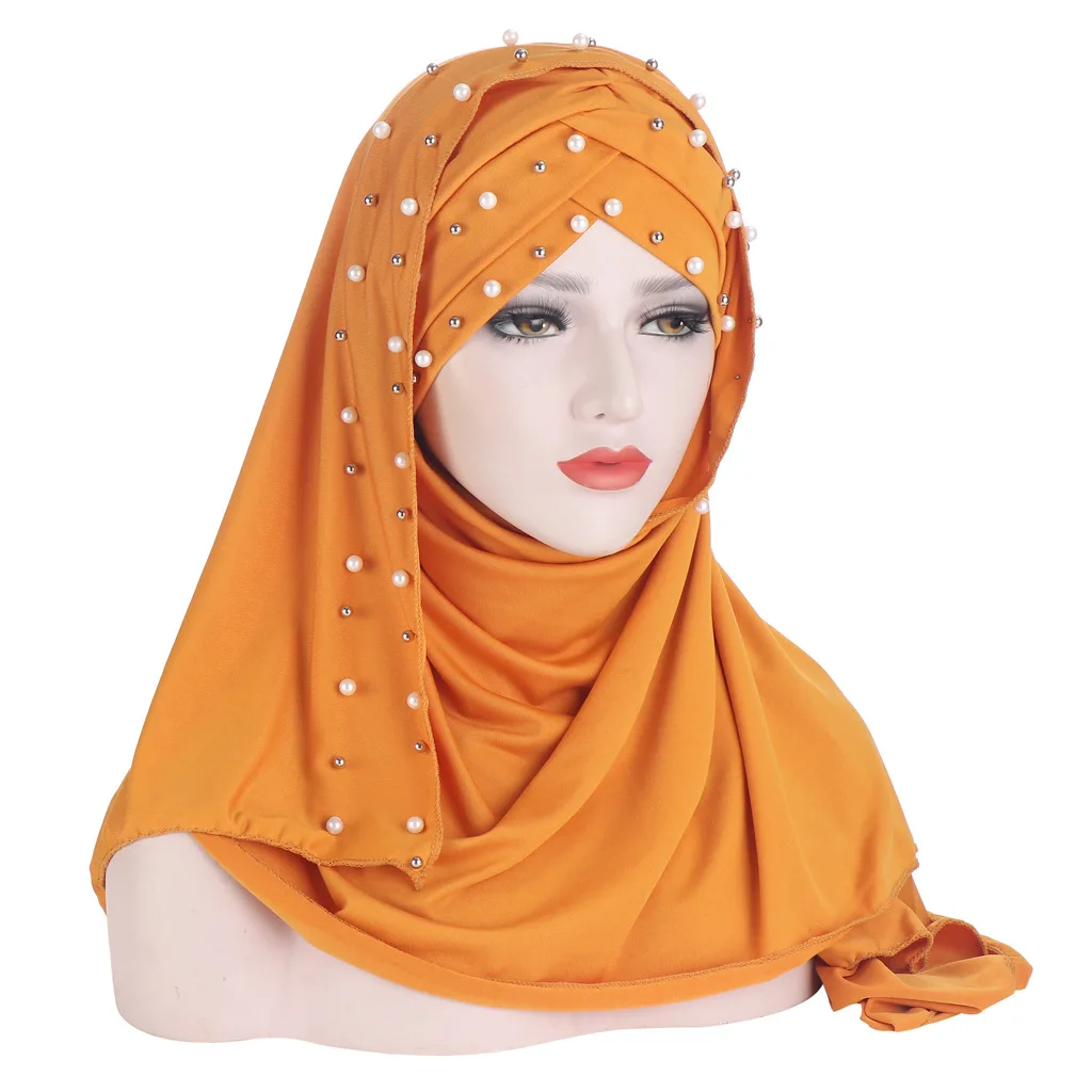 

2021muslim scarf plain hijabs pearls fabric shawls and wraps femme musulman hijab ready to wear turban women head scarves