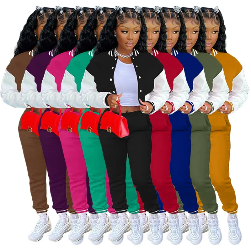 

Casaul Women Sportsuit Two Piece Set Color Patchwork Jacket Coat And Long Pants With Pocket Tracksuit Matching Suit For Women
