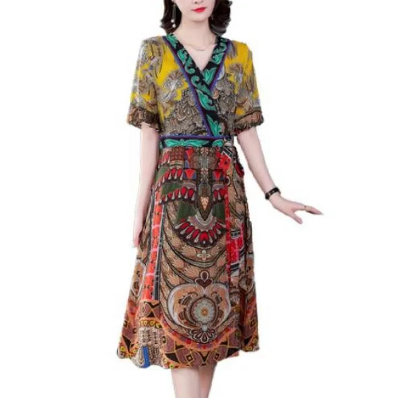 

Летнее элегантное платье пастельных тонкая талия в форме трапеции, Boho Harajuku для отдыха модные Украины шелк Цветочный принт размера плюс плат...