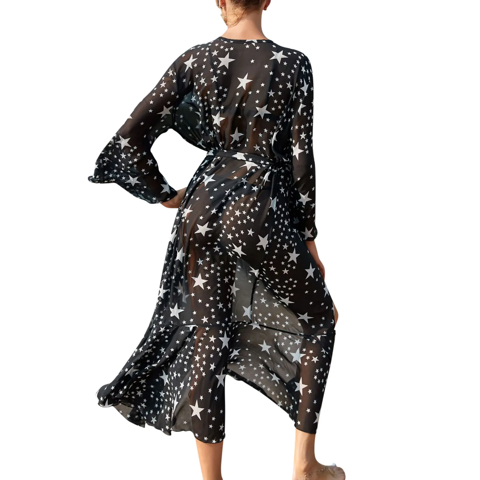 

Swimsuit Cover Up Women Beach Tunic Dress Robe Female Fashion Long Sleeve Lace up Star Print Beach Wear Chiffon Covers up 2021