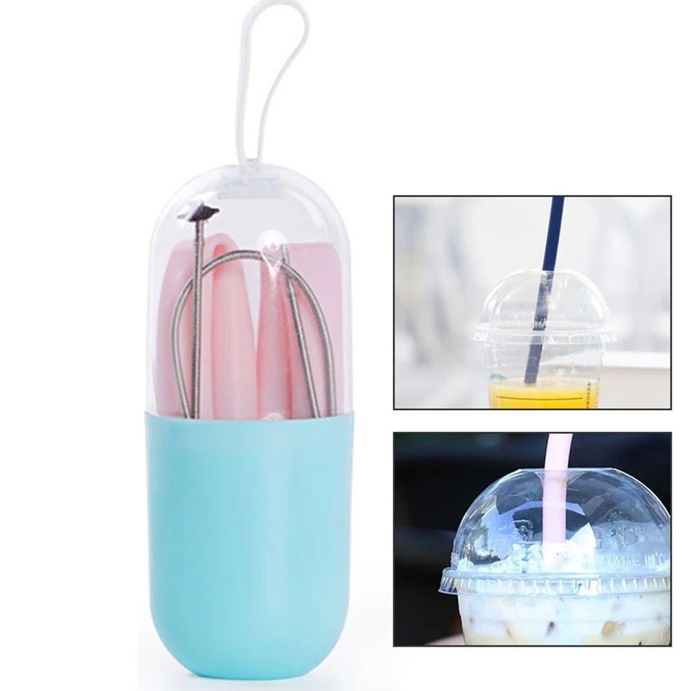 1Pc Reusable Food Grade Silicone Straws Foldable Drinking Straw With Cleaning Brush Storage Box Dust-proof Kid Adult Party Straw