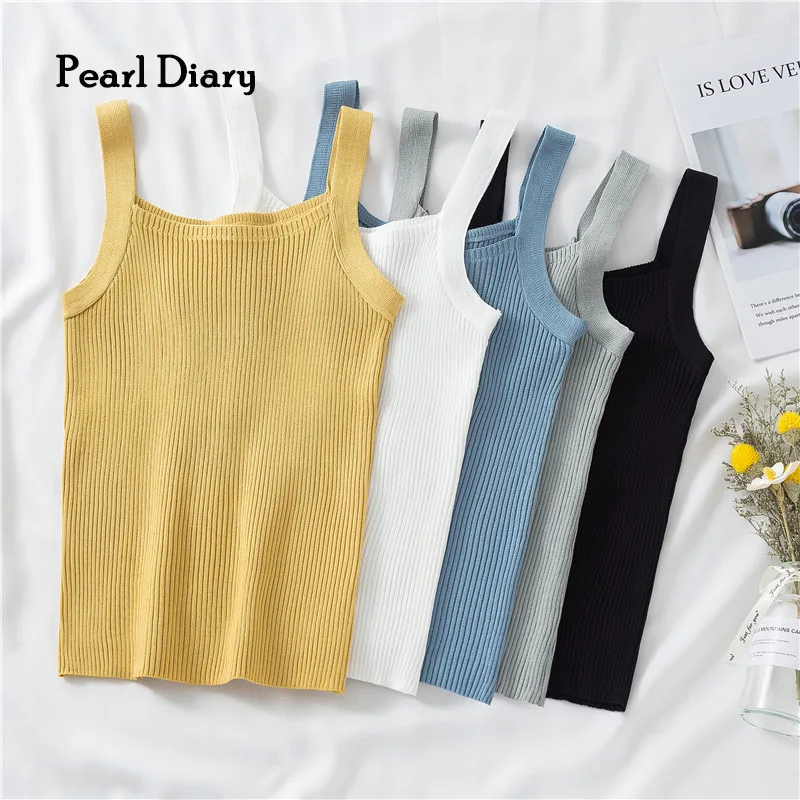 Pearl Diary Women Rib Knitting Vest Summer Crop Strappy Top Slim Fit Sleeveless Solid Color Tank Tops Beachwear Basic Simple Top
