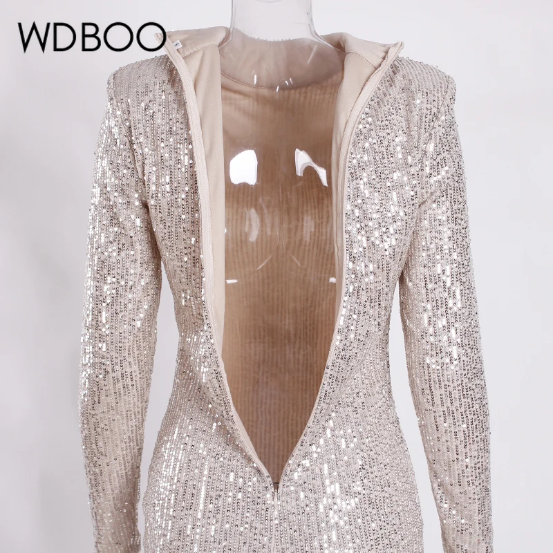 

WDBOO High Collar Sequin Midi Dress Elegant Long Sleeve Autumn Winter Women Bodycon Tight Stretchy Knee Length Party Dress