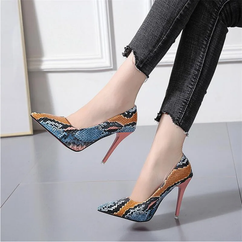 

10CM PUMPS 2019 spring color snakeskin pattern super high heels stiletto shallow mouth pointed sexy women's shoes