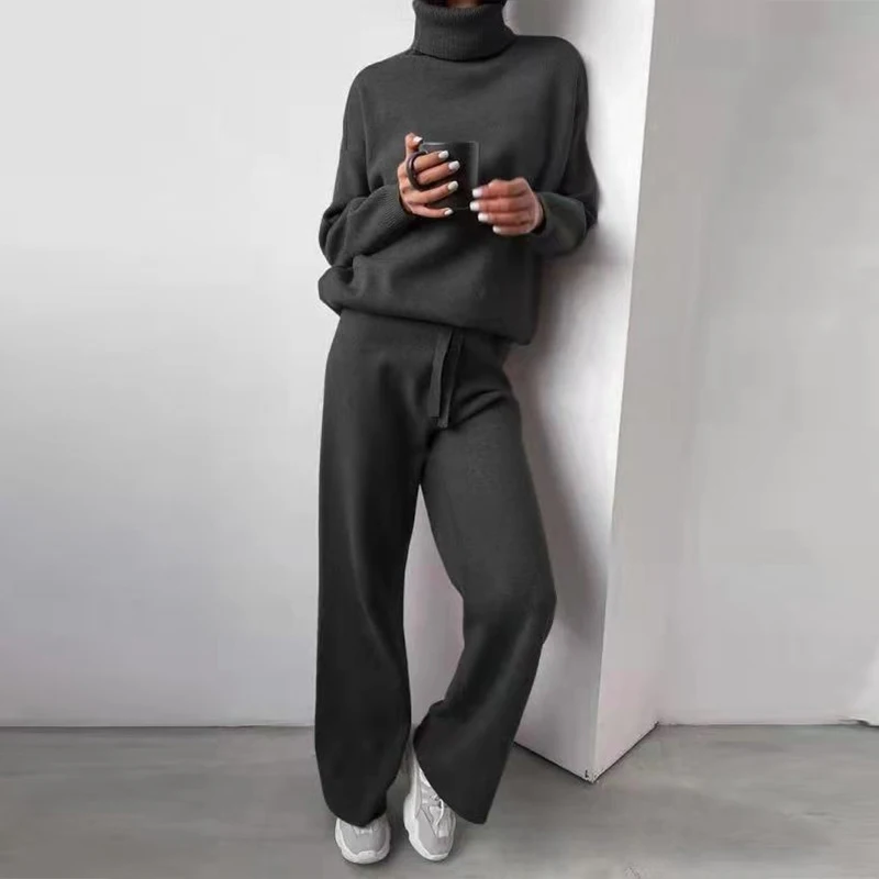 

Two Piece Set Women Clubwear Elegant Turtleneck Pullover Tops Pants Casual 2 Piece Set Spring Solid Loose Lady Suits Streetwear