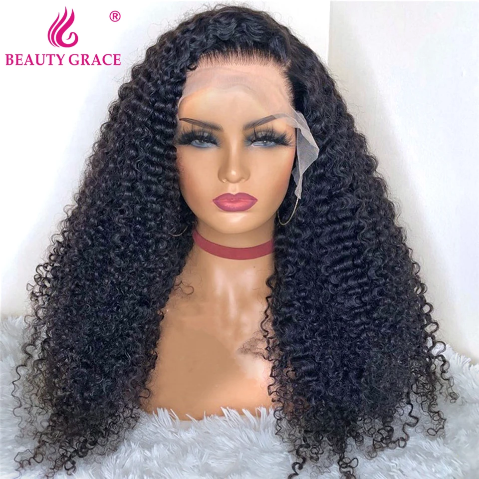 Beauty Grace 30 Inch Curly Lace Front Wig Afro Kinky Curly Human Hair Lace Closure Wigs For Women Deep T Part Lace Frontal Wig