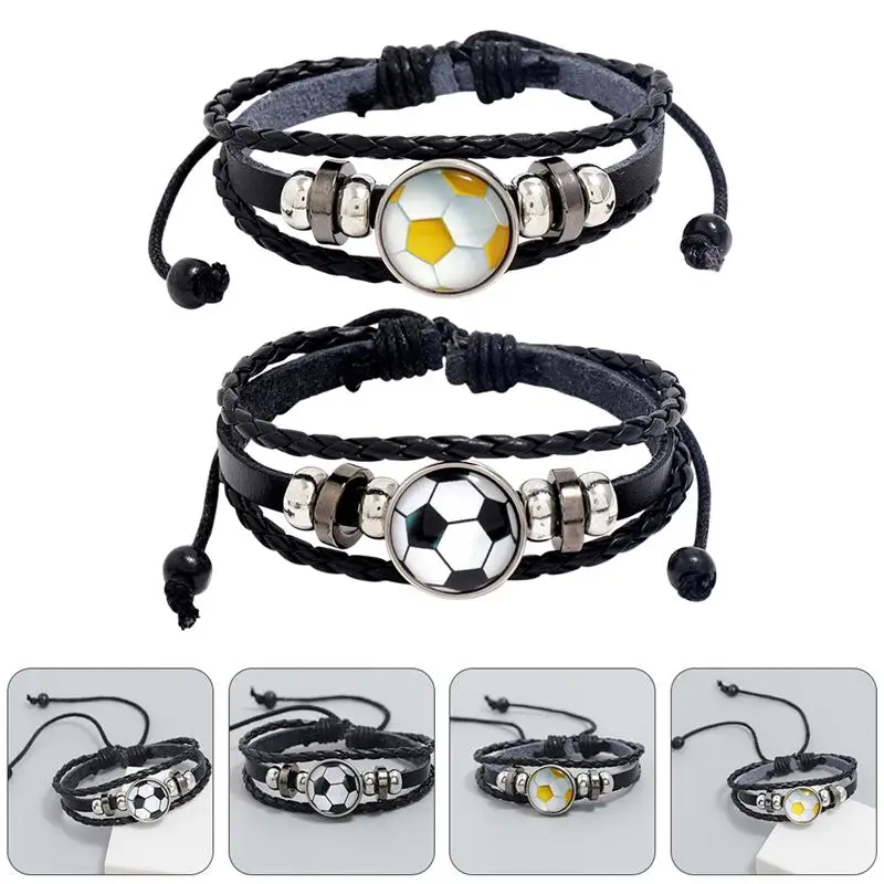 

2pcs Stylish Jewelry Personality Beaded Football Fans Leather Bracelet Gift