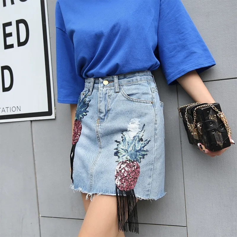 2020 Летняя джинсовая мини юбка для женщин уличная одежда высокая талия вышивка с