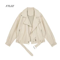 ftlzz 2021 new spring women pu leather motorcycle jacket female with belt solid color jackets ladys loose casual jacket