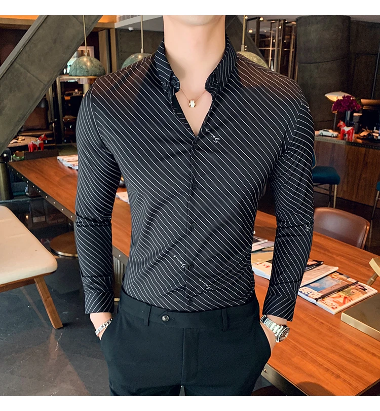 Chemise Homme британский стиль Для мужчин рубашка в полоску с длинными рукавами, высокое качество, отложной воротник, деловая, общественная рубашки Для мужчин клубный костюм-смокинг