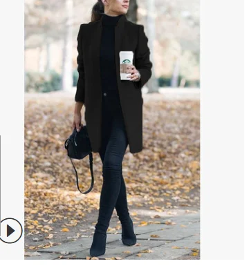 

2021 women's autumn and winter mid-length coat new European and American fashion solid color stand-up collar woolen coat coat