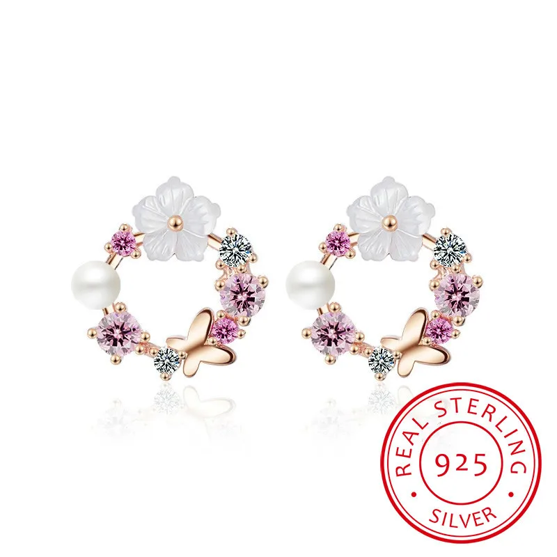 Real 925 Sterling Silver Earrings Pretty Butterfly Colorful Flowers+White Peal Cubic Zirconia Crystal Jewelry For Women