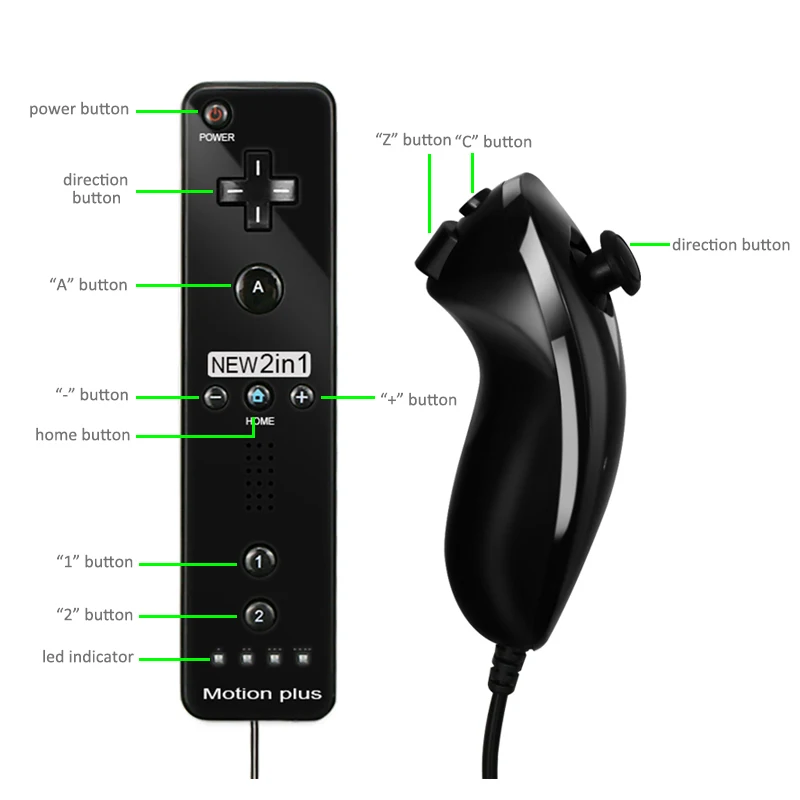 2 в 1 беспроводной пульт дистанционного управления для Nunchuk Nintendo Wii Встроенный Motion