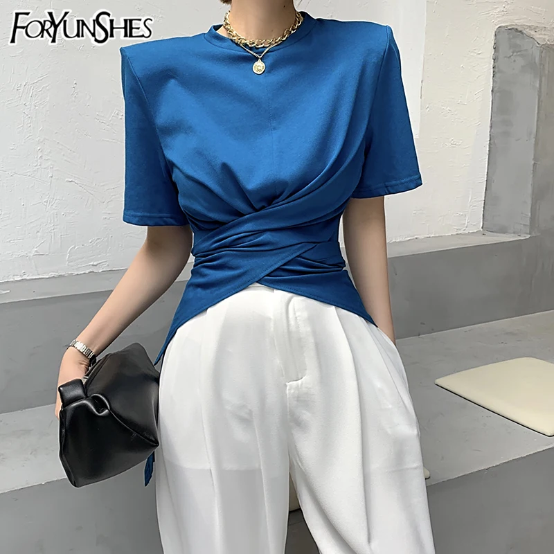 

Vintage Shoulder Pads Short Sleeve T-shirts O-Neck Cross Wrap Waist Irregular Solid Sexy Casual Chic Tops Korean Tees Streetwear