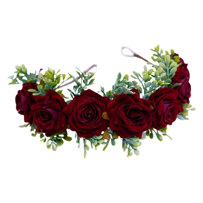 

Adjustable Handmade Floral Crown Faux Rose Flower Wreath with Ribbon Crown Adjustable Garland Wedding Photo Props