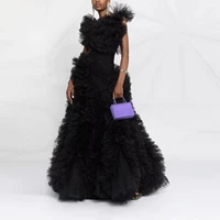 pure black tulle dress floor length evening dress ruffle strap lush prom dresses asymmetrical ball gown dress formal dress 2021