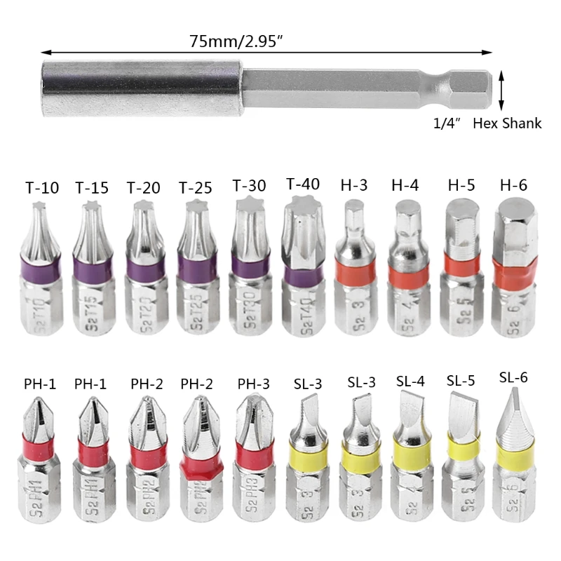 

20 Pcs Torx Flat Hex Screwdriver Bit Set PH Head Color Coded with Magnetic HolderJones-series