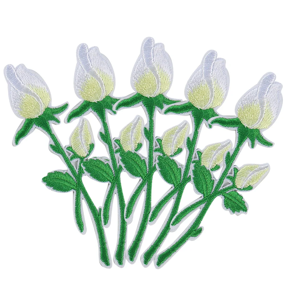 

5PCS White Rose Flower Patches Embroidery Applique Iron on Patch for Clothing Sew on Tulip Fabric Badge DIY Apparel Accessories