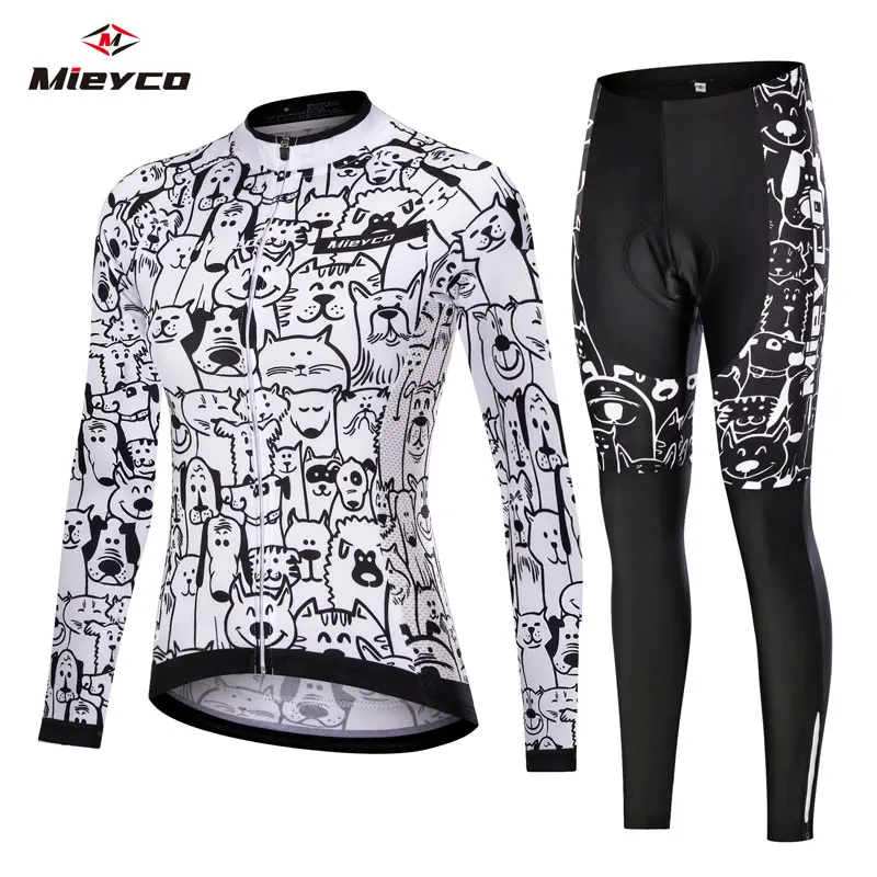 

Women White Cartoon Cat Dog Cycling Jersey Set Mountain Bike Uniforms Long Sleeve Cycling Wear Bicycle Clothing Cycling Clothing