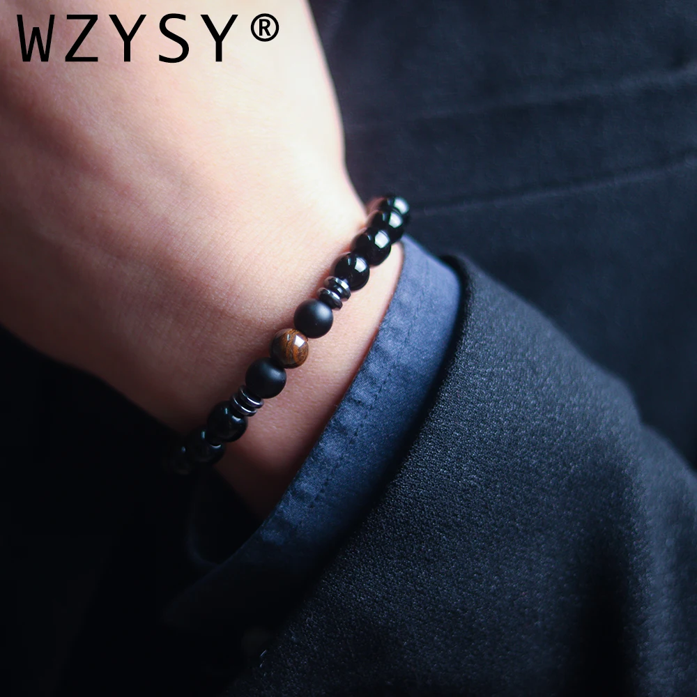 Модные 8 мм Природный камень тигровый глаз эластичный браслет Модный черный