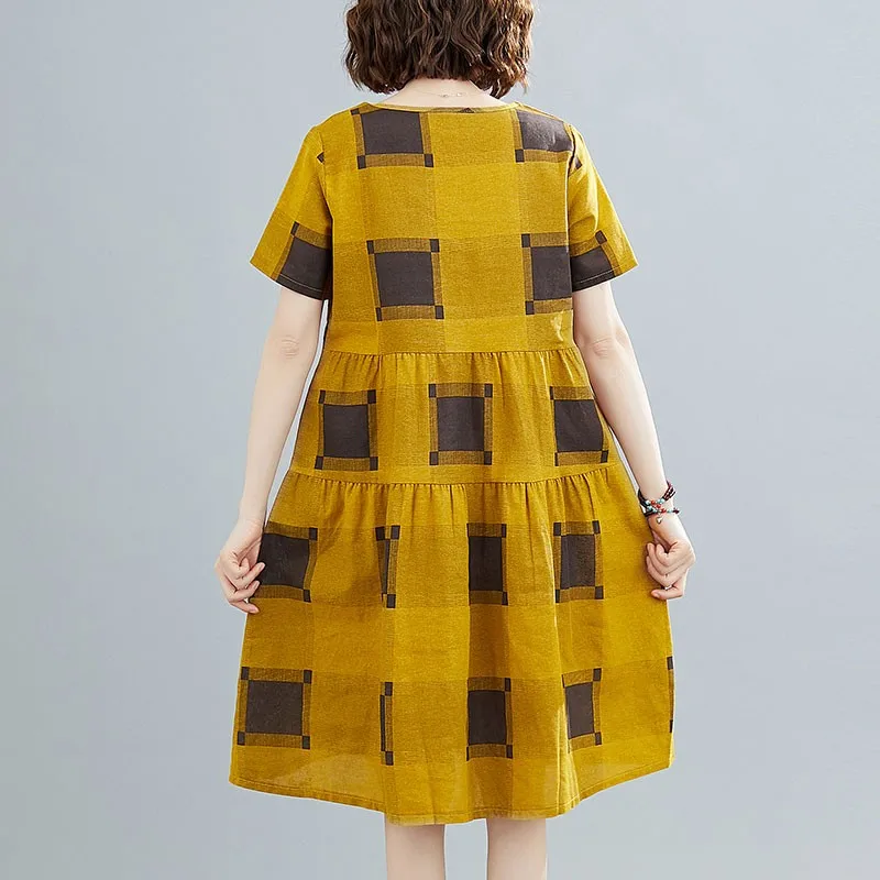Женское Повседневное платье в клетку свободное хлопково-льняное Платье До