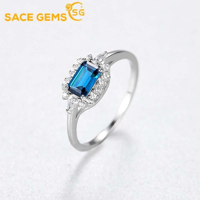 

SACE GEMS 100% 925 Sterling Silver 10*10mm Aquamarine Paraiba High Carbon Diamond Rings for Women Sparkling Wedding Fine Jewelry