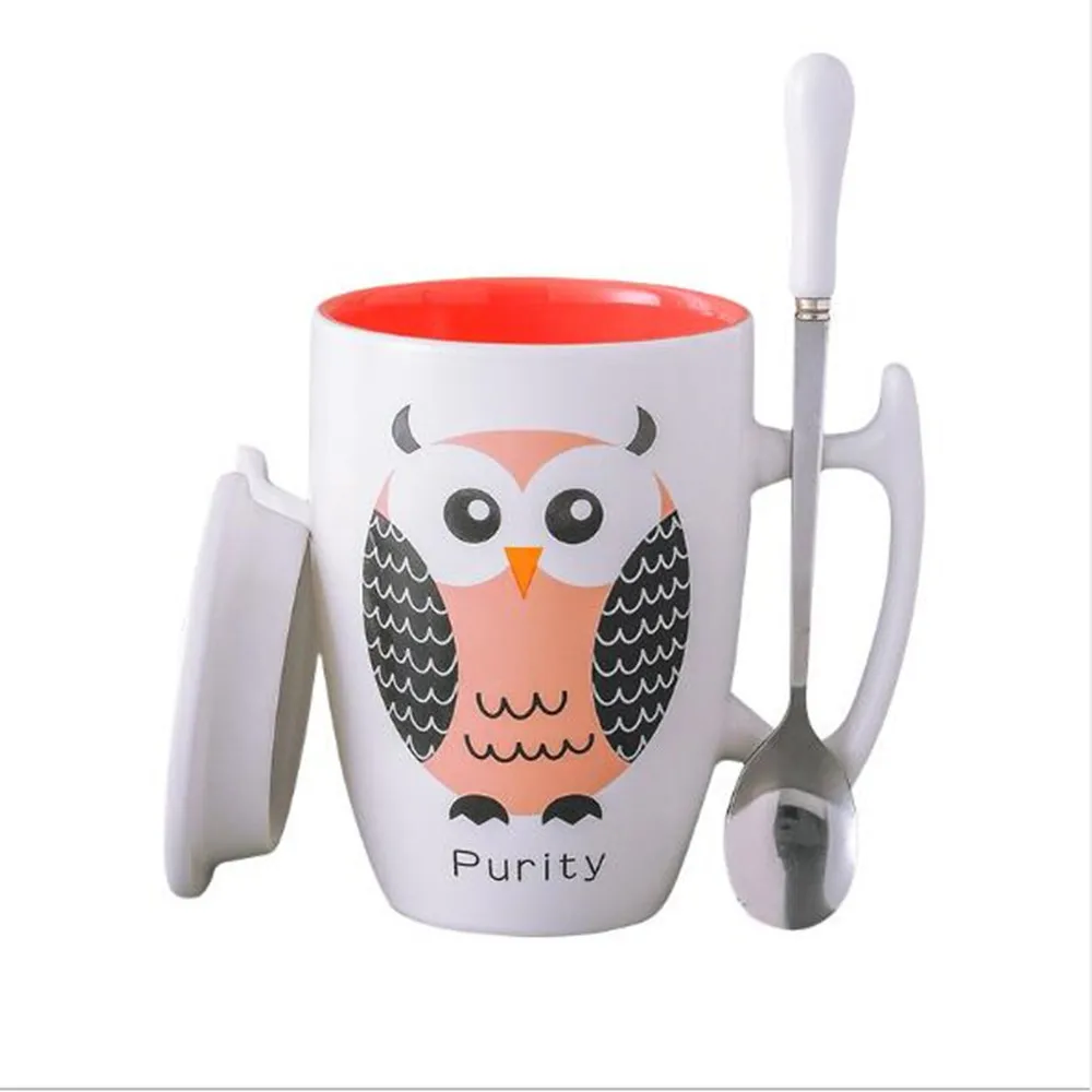 350 ml Owl Ceramic Cup Mug With Lid Spoon Coffee Animal Pattern Milk Tea Colorful Drinkware Drop shipping | Дом и сад