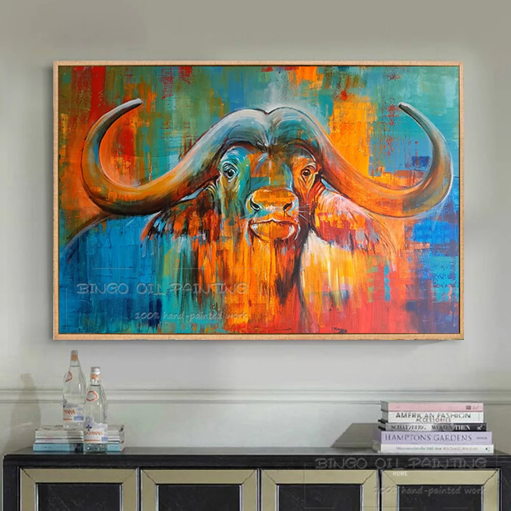 Модное настенное Искусство Ручная роспись животных буйвол масляная живопись на
