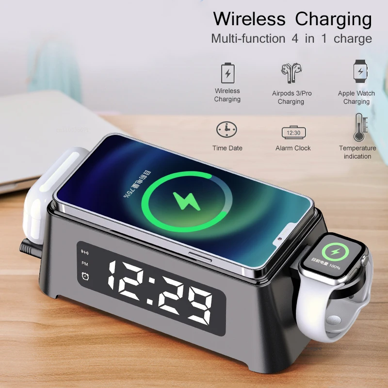 Estaci&oacute;n de carga inal&aacute;mbrica 3 en 1 con reloj despertador Led, 15W, para iPhone 13/12/11 Pro Max, Apple Watch, Airpods 3/Pro-1