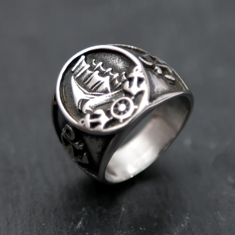 

Vintage Nordic Pirate Amulet Lucky Ring Sailboat Compass Stainless Steel Viking Rings for Men Gothic Punk Biker Pirate Jewelry