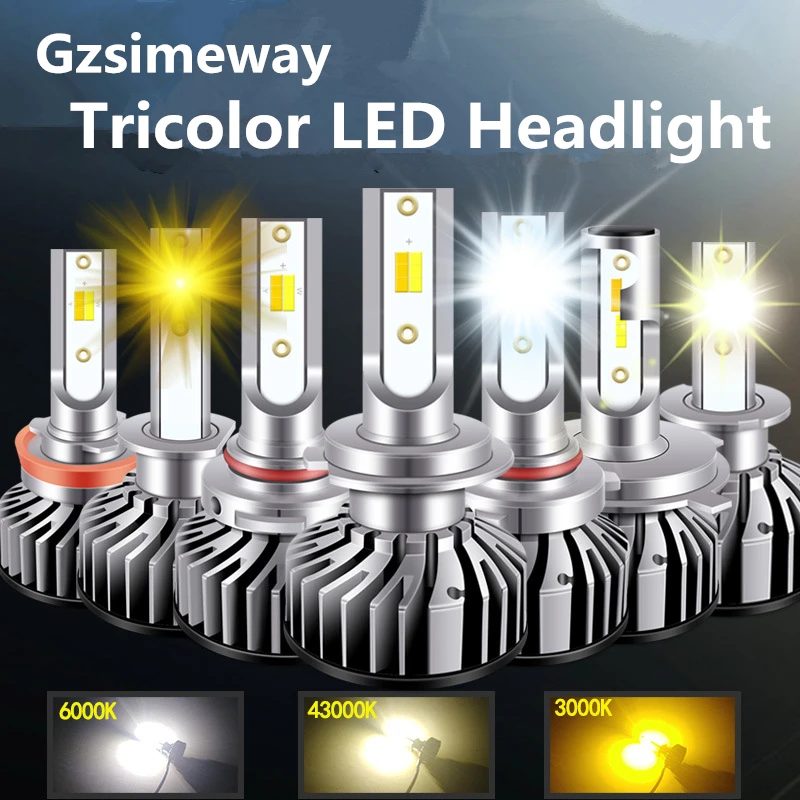 

2PCS Car Light H7 LED H4 Hi/Lo Bulb H1 H3 H8 H9 9005 HB3 9006 HB4 9012 Auto Headlights 12V Tricolor 3000K 6000K 4300K Fog Lamp