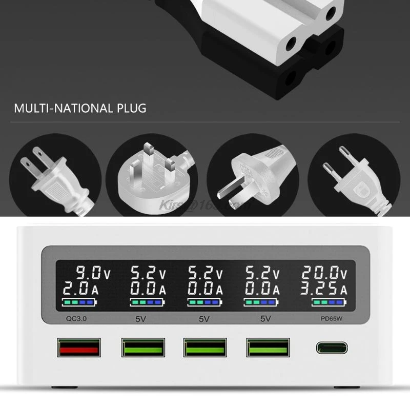 QC3.0 USB Type C PD 65W адаптер питания с 5 портами беспроводное зарядное устройство Qi для