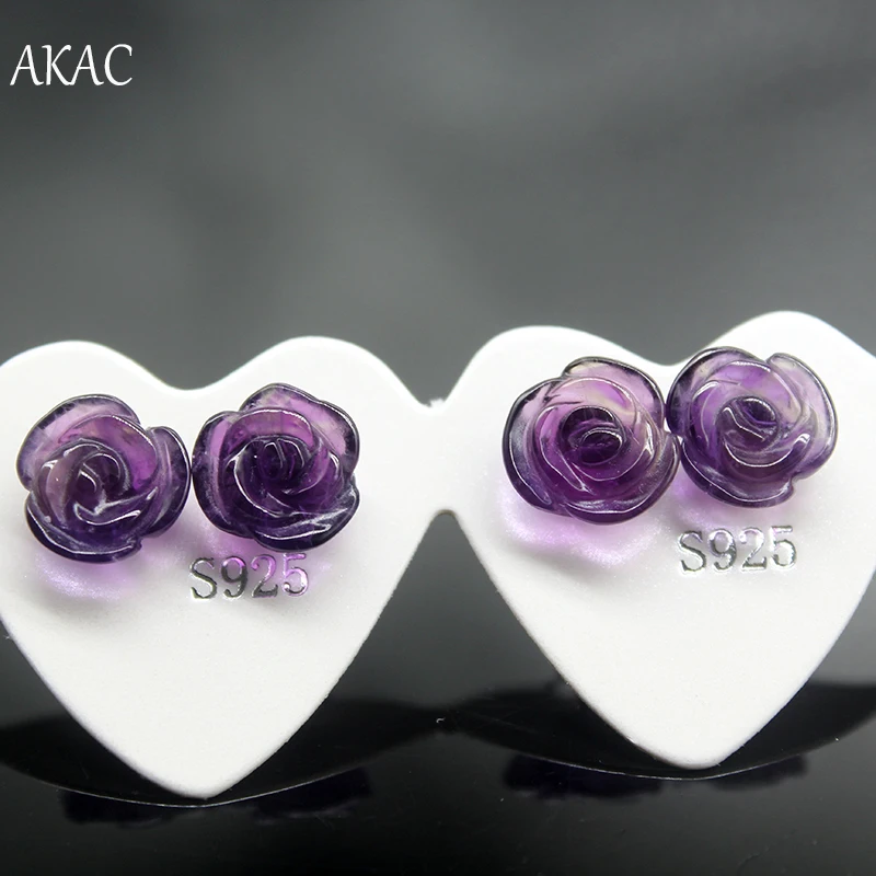 Женские серьги гвоздики с натуральным аметистом и розами простой дизайн 2