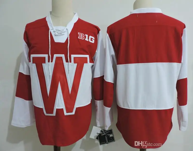 

Wisconsin Red White Big Ten College Ice Hockey Jersey Men's Embroidery Stitched Customize any number and name Jerseys