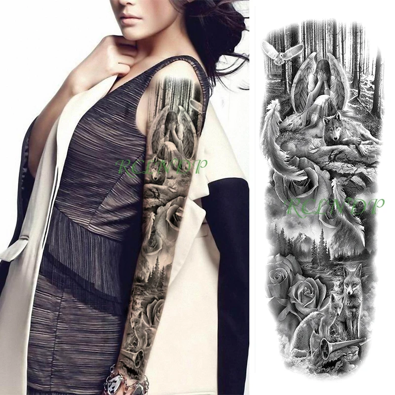 

Waterproof Temporary Tattoo Sticker angel bird feather forest wolf horn flower full arm fake tatto flash tatoo for men women
