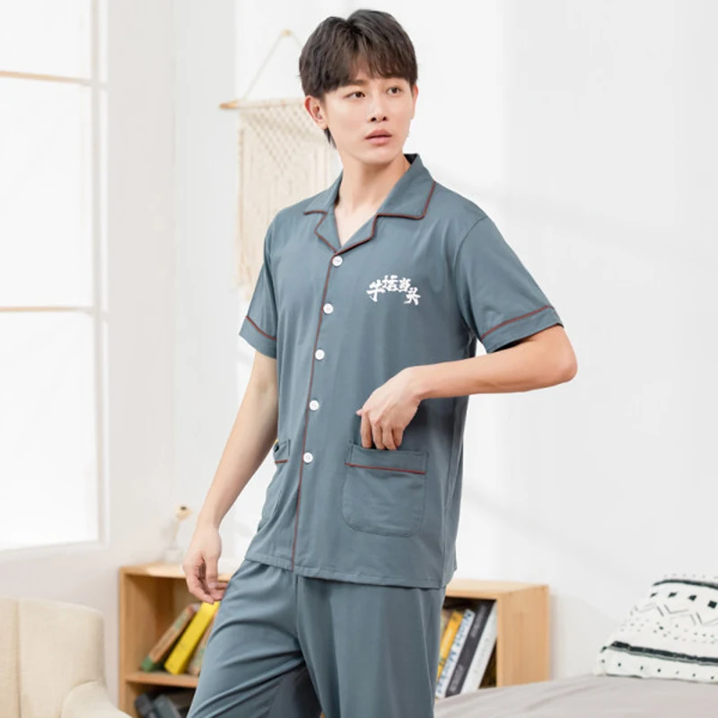 

New 2021 Cotton Solid Color Mens Pajamas Set Soft Male Pijamas Short Sleeve Leisure Pyjama Homewear Suit Fashion Party Nightwear