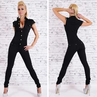 gaoke hot sale denim long jumpsuit womens sexy deep v neck jean jumpsuits buttons chain black overalls for women rompers