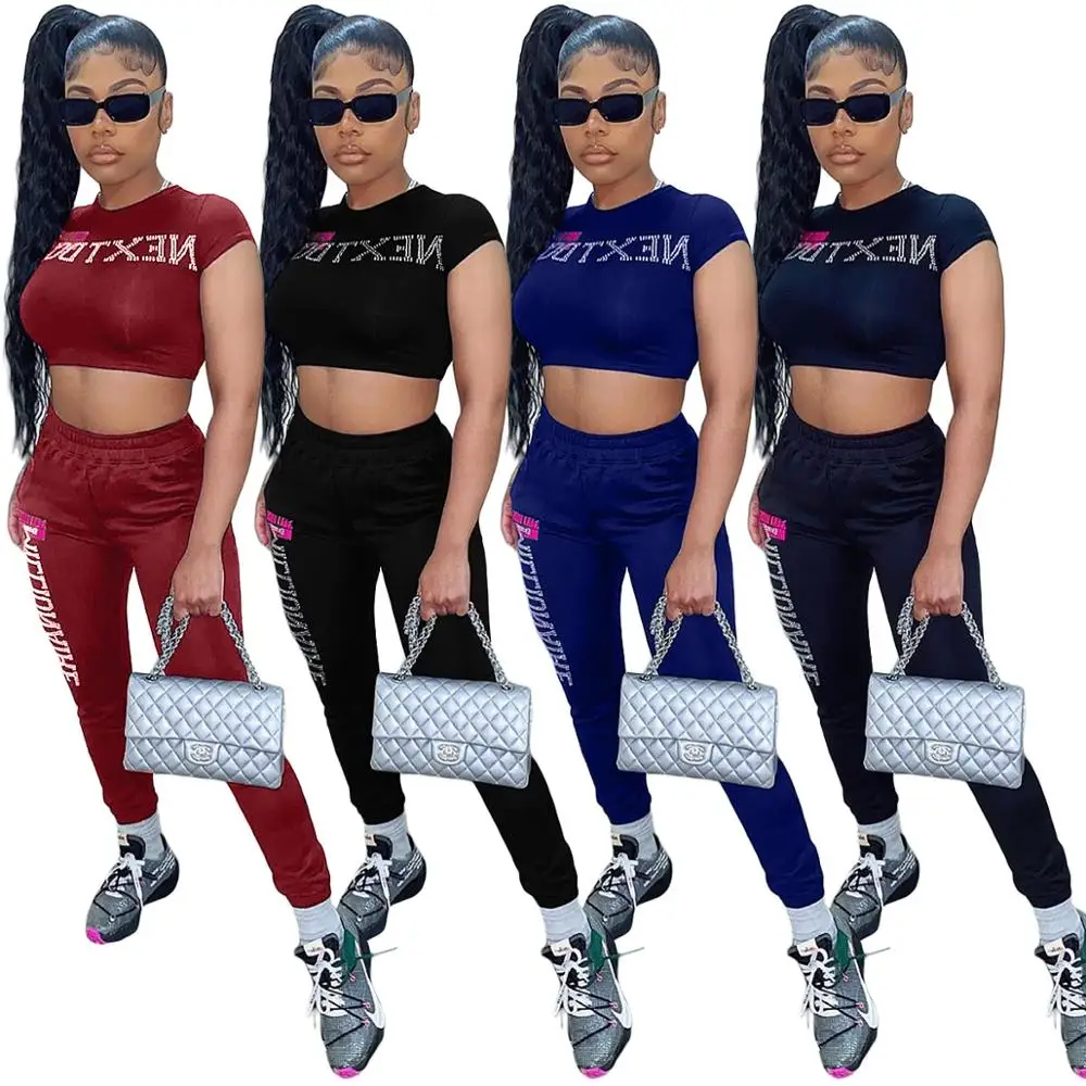 

European casual letter print sport two piece fashion fit o-neck short sleeve T-shirt and pants women's suit