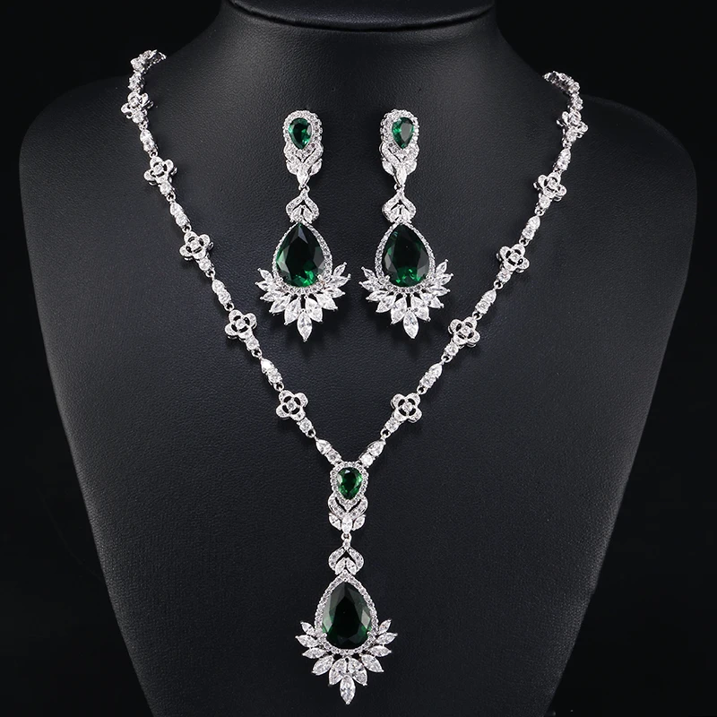 Green Set RAKOL элегантный роскошный большой голубой цвет воды Dorp кулон серьги ожерелье Изысканный кристалл набор украшений для женщин RAS2014K - Окраска металла: Green Set