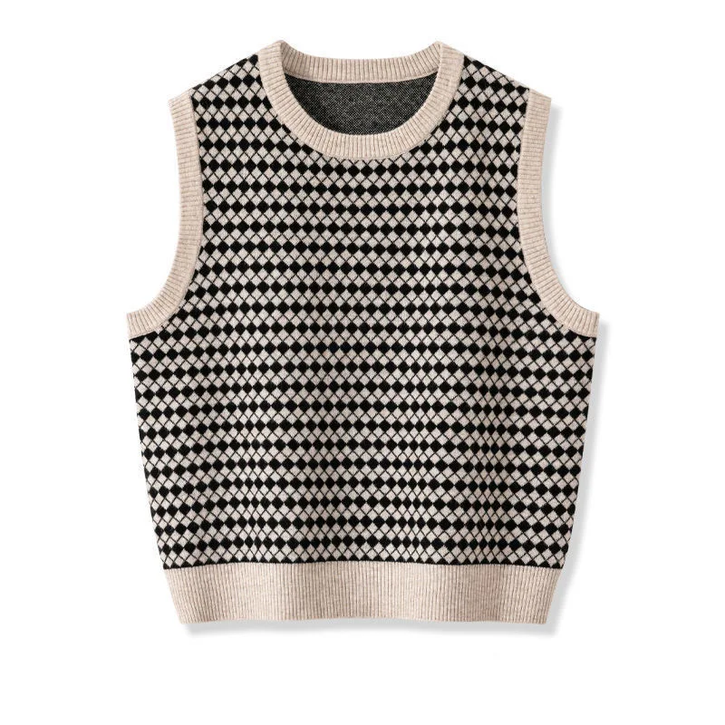 

Jacquard lattice O-neck women's knitted vest Retro Color contrast Loose Cashmere sleeveless sweater Autumn Fashion Pullover Top