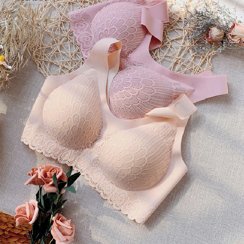 

Sexy Lace Lingerie Seamless Women Bra Ladies Underwear Wire Free Breathable Intimates Removable Padded Bralette Solid Color Bras