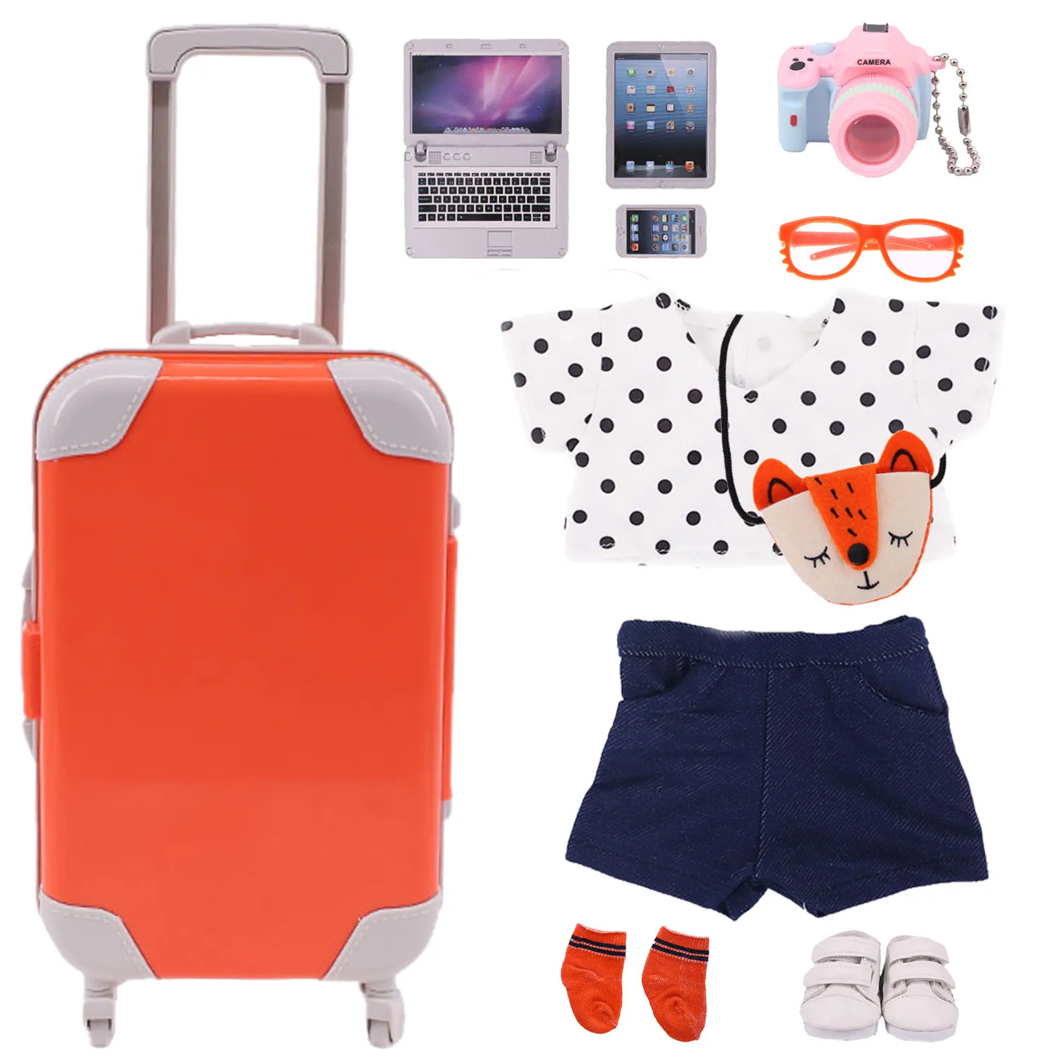 

Аксессуары для кукол, 1 комплект, чемодан для кукол, Компьютерная камера, обувь, одежда, Fit18 дюймов и 43 см, подарки для новорожденных