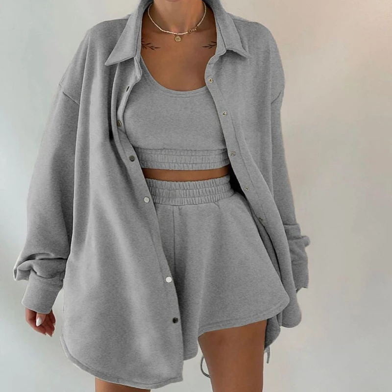 

WENYUJH Solid 3 PC Set Women Wide Leg Shorts Suit Casual Crop Top+Biker Shorts+Shirt Long Coat 2021 Autumn Vintage Tracksuits