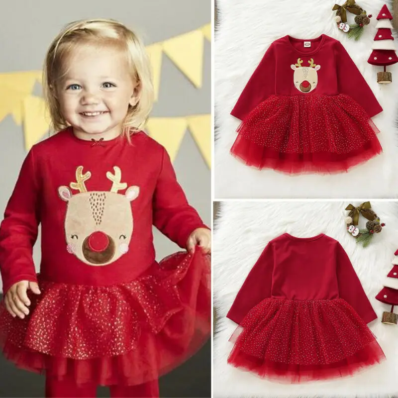 Emmababy, коллекция года, рождественское красное платье с оленем для маленьких девочек, рождественское хлопковое платье с длинными рукавами+ кружевное Повседневное платье-пачка праздничная одежда